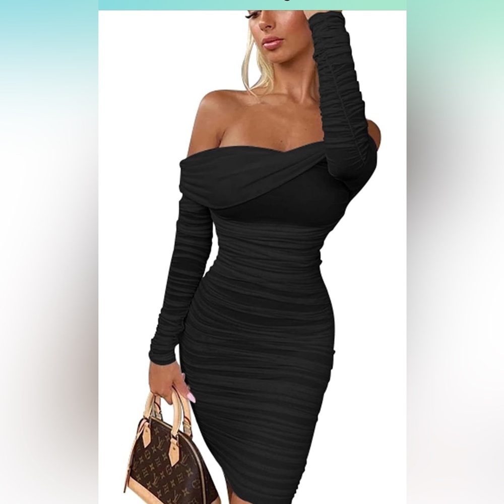 Women's Sexy Elegant Ruffle Long Sleeve Off Shoulder Ruched Party Mini Dress